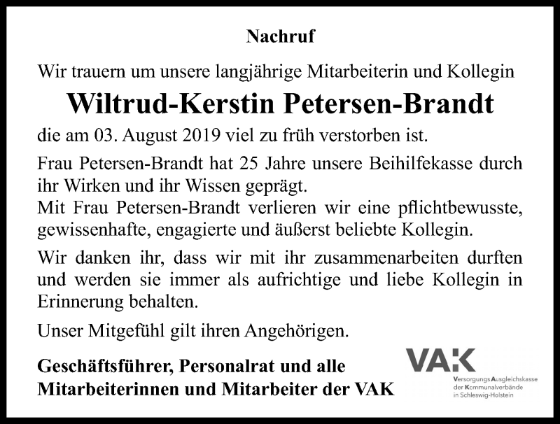  Traueranzeige für Wiltrud-Kerstin Petersen-Brandt vom 06.08.2019 aus Kieler Nachrichten