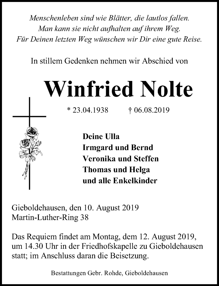  Traueranzeige für Winfried Nolte vom 10.08.2019 aus Eichsfelder Tageblatt
