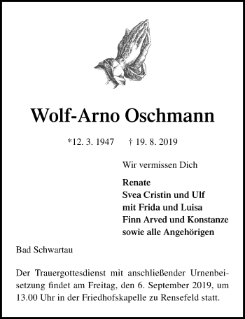 Traueranzeige von Wolf-Arno Oschmann von Lübecker Nachrichten