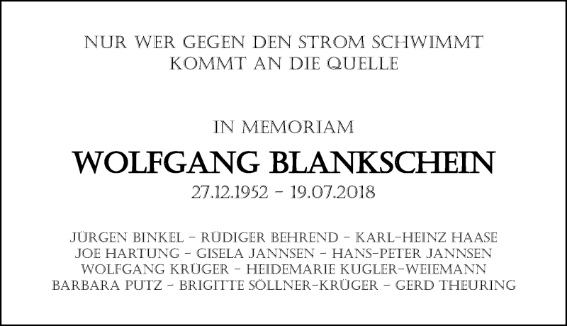 Traueranzeige für Wolfgang Blankschein vom 04.08.2019 aus Lübecker Nachrichten