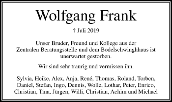 Traueranzeige von Wolfgang Frank von Lübecker Nachrichten