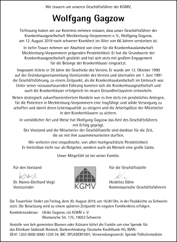 Traueranzeige von Wolfgang Gagzow von Ostsee-Zeitung GmbH
