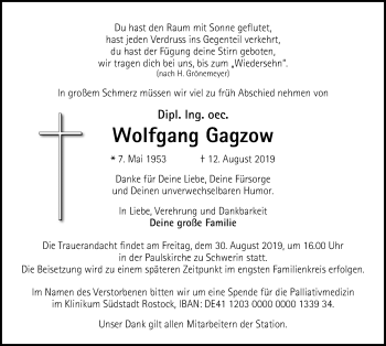 Traueranzeige von Wolfgang Gagzow von Ostsee-Zeitung GmbH