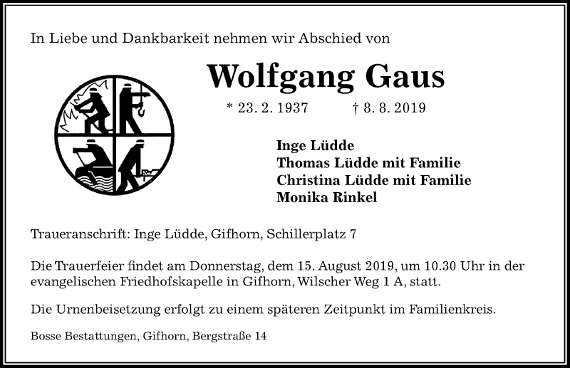  Traueranzeige für Wolfgang Gaus vom 13.08.2019 aus Aller Zeitung