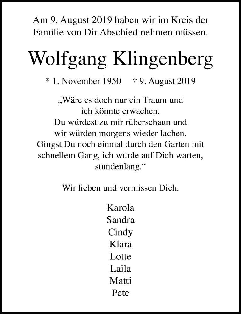  Traueranzeige für Wolfgang Klingenberg vom 17.08.2019 aus Ostsee-Zeitung GmbH