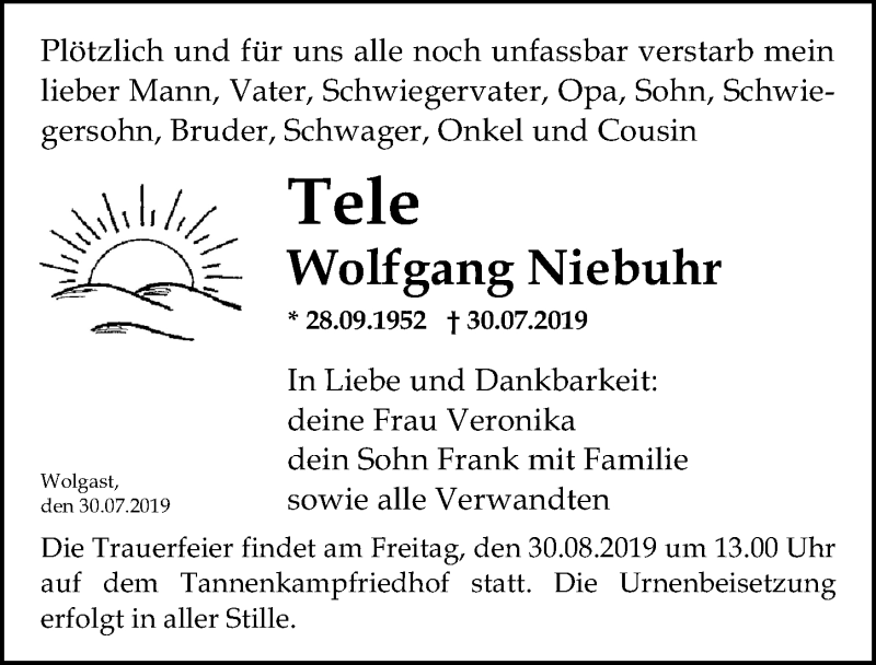  Traueranzeige für Wolfgang Niebuhr vom 10.08.2019 aus Ostsee-Zeitung GmbH