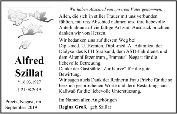 Traueranzeige von Alfred Szillat von Ostsee-Zeitung GmbH