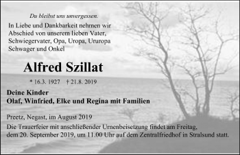 Traueranzeige von Alfred Szillat von Ostsee-Zeitung GmbH