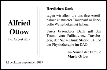 Traueranzeige von Alfried Ottow von Lübecker Nachrichten