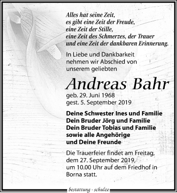 Traueranzeige von Andreas Bahr von Leipziger Volkszeitung