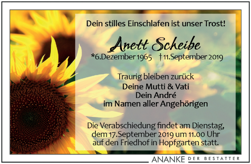  Traueranzeige für Anett Scheibe vom 14.09.2019 aus Leipziger Volkszeitung