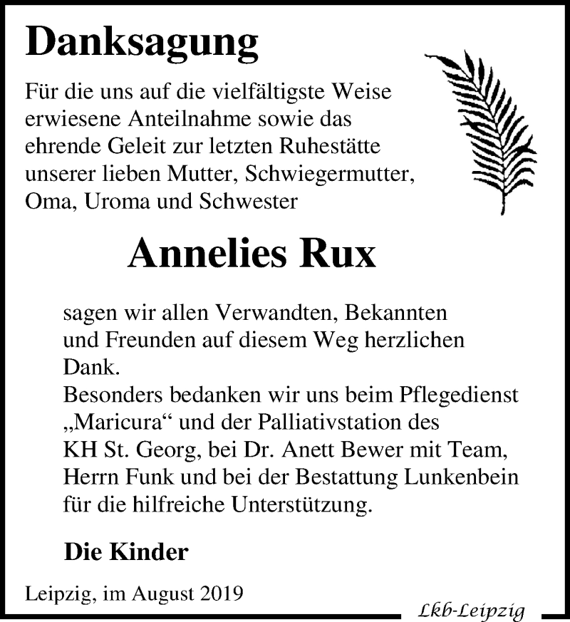  Traueranzeige für Annelies Rux vom 24.08.2019 aus Leipziger Volkszeitung