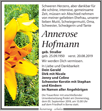 Traueranzeige von Annerose Hofmann von Leipziger Volkszeitung