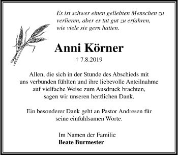 Traueranzeige von Anni Körner von Lübecker Nachrichten