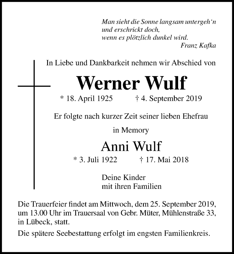 Traueranzeige für Anni Wulf vom 15.09.2019 aus Lübecker Nachrichten