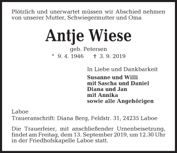 Traueranzeige von Antje Wiese von Kieler Nachrichten