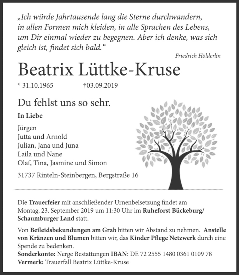  Traueranzeige für Beatrix Lüttke-Kruse vom 14.09.2019 aus Schaumburger Nachrichten