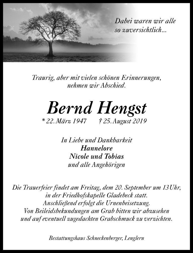  Traueranzeige für Bernd Hengst vom 14.09.2019 aus Göttinger Tageblatt