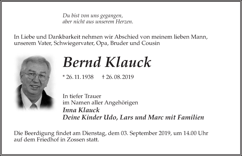 Traueranzeige für Bernd Klauck vom 31.08.2019 aus Märkischen Allgemeine Zeitung
