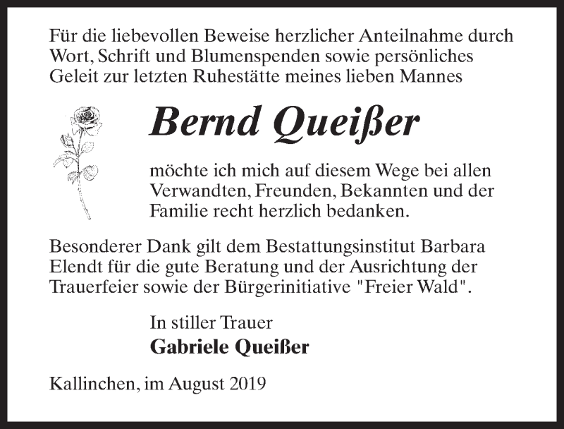  Traueranzeige für Bernd Queißer vom 31.08.2019 aus Märkischen Allgemeine Zeitung