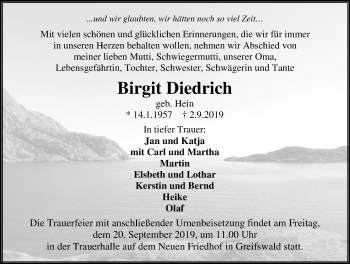 Traueranzeige von Birgit Diedrich von Ostsee-Zeitung GmbH