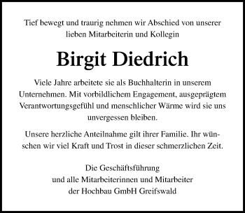 Traueranzeige von Birgit Diedrich von Ostsee-Zeitung GmbH