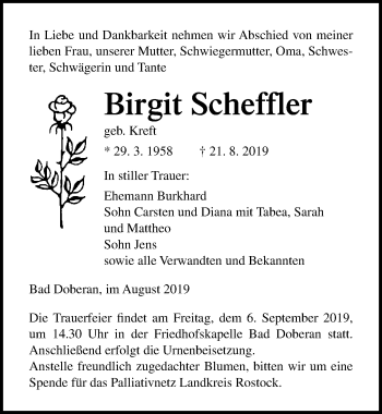 Traueranzeige von Birgit Scheffler von Ostsee-Zeitung GmbH