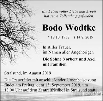 Traueranzeige von Bodo Wodtke von Ostsee-Zeitung GmbH