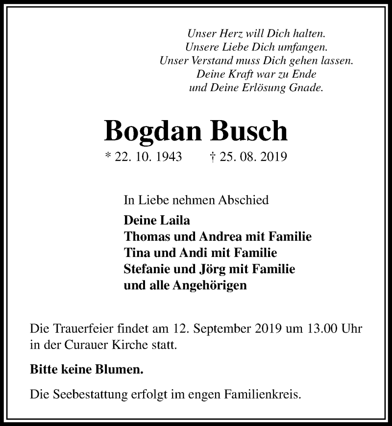  Traueranzeige für Bogdan Busch vom 01.09.2019 aus Lübecker Nachrichten