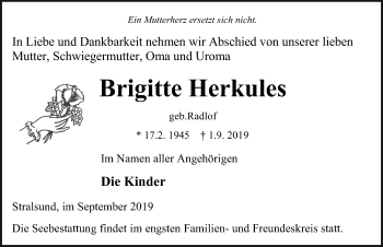 Traueranzeige von Brigitte Herkules von Ostsee-Zeitung GmbH