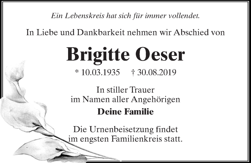  Traueranzeige für Brigitte Oeser vom 07.09.2019 aus Märkischen Allgemeine Zeitung