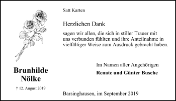 Traueranzeige von Brunhilde Nölke von Hannoversche Allgemeine Zeitung/Neue Presse