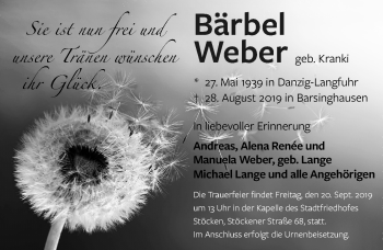Traueranzeige von Bärbel Weber von Hannoversche Allgemeine Zeitung/Neue Presse