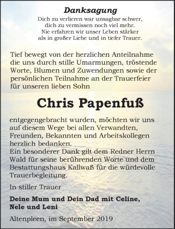 Traueranzeige von Chris Papenfuß von Ostsee-Zeitung GmbH