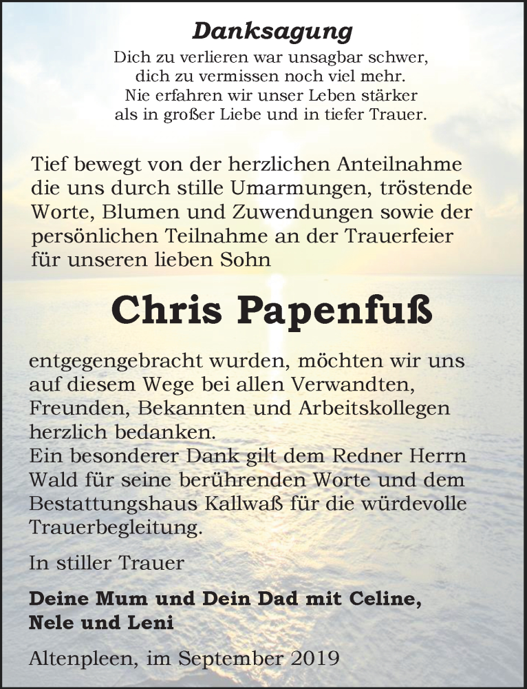  Traueranzeige für Chris Papenfuß vom 21.09.2019 aus Ostsee-Zeitung GmbH