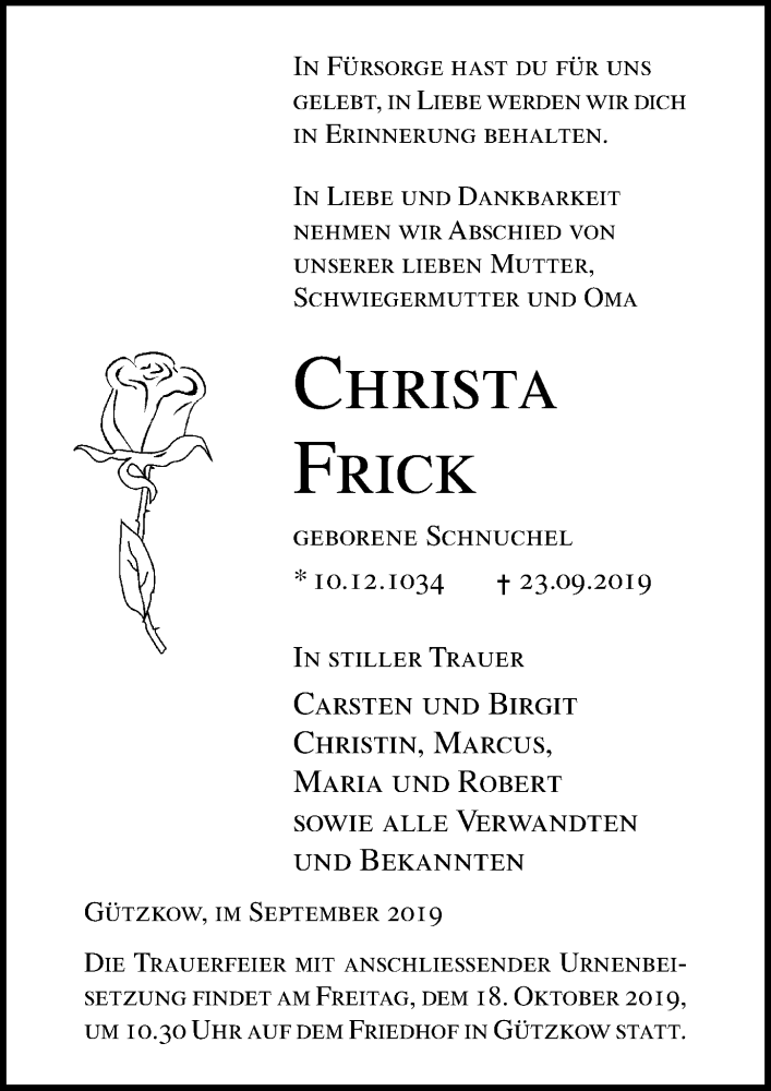  Traueranzeige für Christa Frick vom 28.09.2019 aus Ostsee-Zeitung GmbH