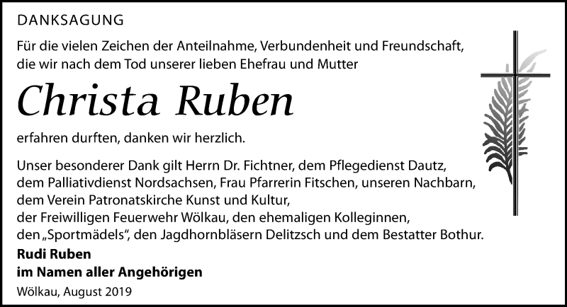  Traueranzeige für Christa Ruben vom 31.08.2019 aus Leipziger Volkszeitung