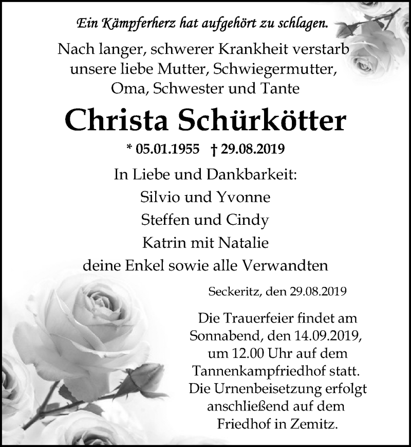  Traueranzeige für Christa Schürkötter vom 31.08.2019 aus Ostsee-Zeitung GmbH
