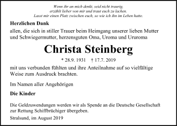 Traueranzeige von Christa Steinberg von Ostsee-Zeitung GmbH