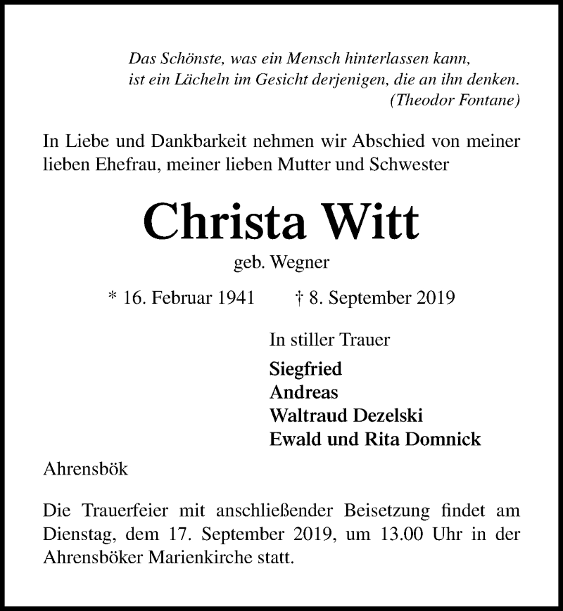  Traueranzeige für Christa Witt vom 13.09.2019 aus Lübecker Nachrichten