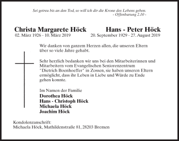 Traueranzeige von Christa Margarete Höck von Märkischen Allgemeine Zeitung