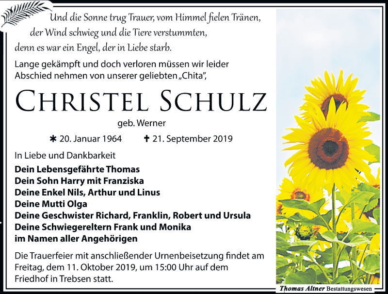  Traueranzeige für Christel Schulz vom 28.09.2019 aus Leipziger Volkszeitung