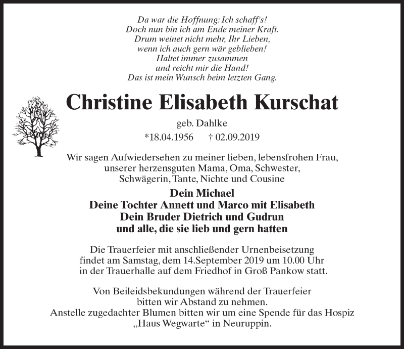  Traueranzeige für Christine Elisabeth Kurschat vom 11.09.2019 aus Märkischen Allgemeine Zeitung