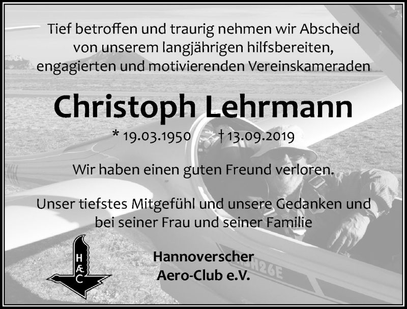  Traueranzeige für Christoph Lehrmann vom 21.09.2019 aus Hannoversche Allgemeine Zeitung/Neue Presse
