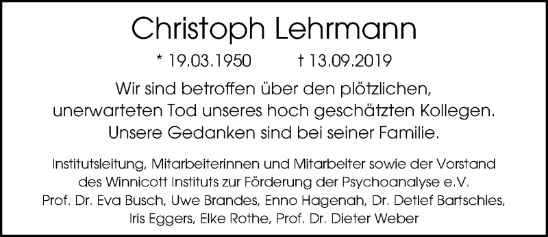  Traueranzeige für Christoph Lehrmann vom 28.09.2019 aus Hannoversche Allgemeine Zeitung/Neue Presse