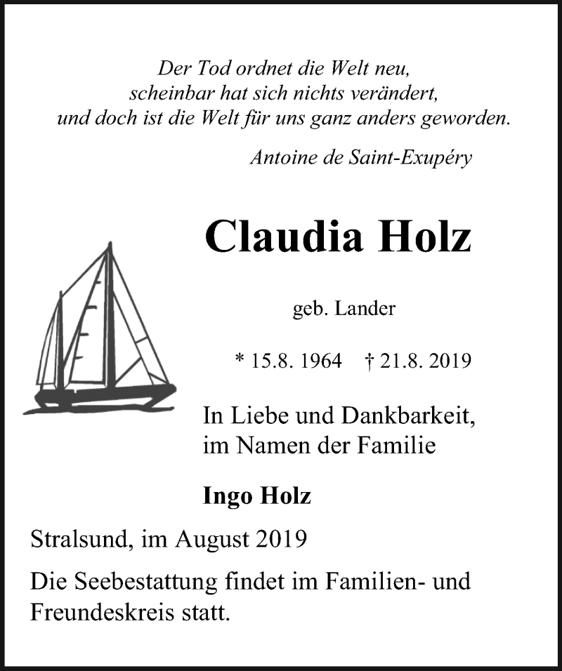  Traueranzeige für Claudia Holz vom 31.08.2019 aus Ostsee-Zeitung GmbH