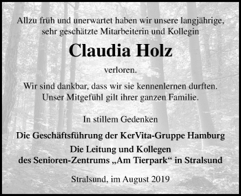 Traueranzeige von Claudia Holz von Ostsee-Zeitung GmbH