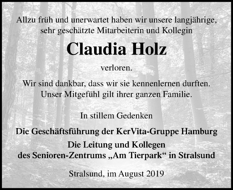  Traueranzeige für Claudia Holz vom 31.08.2019 aus Ostsee-Zeitung GmbH