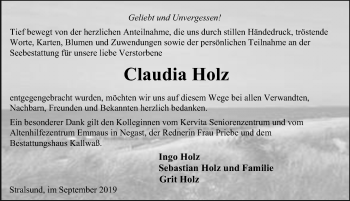 Traueranzeige von Claudia Holz von Ostsee-Zeitung GmbH