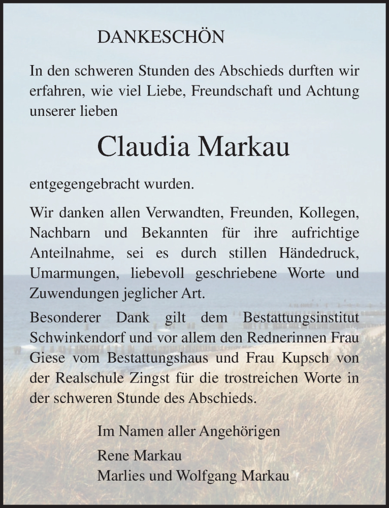  Traueranzeige für Claudia Markau vom 21.09.2019 aus Ostsee-Zeitung GmbH